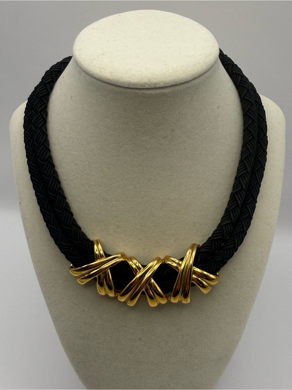 Black Braided Statement Necklace with Gold Accent